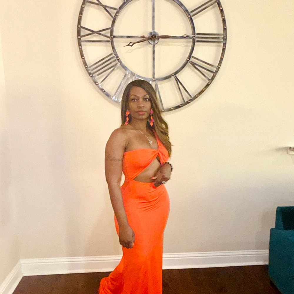 Coral orange fitted Maxi Dress, one sleeve cutout long sundress, NWT
